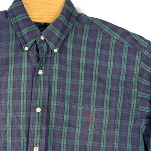 Vintage Ralph Lauren Button Down Big Fit Men Medium Green Navy Plaid Oversized